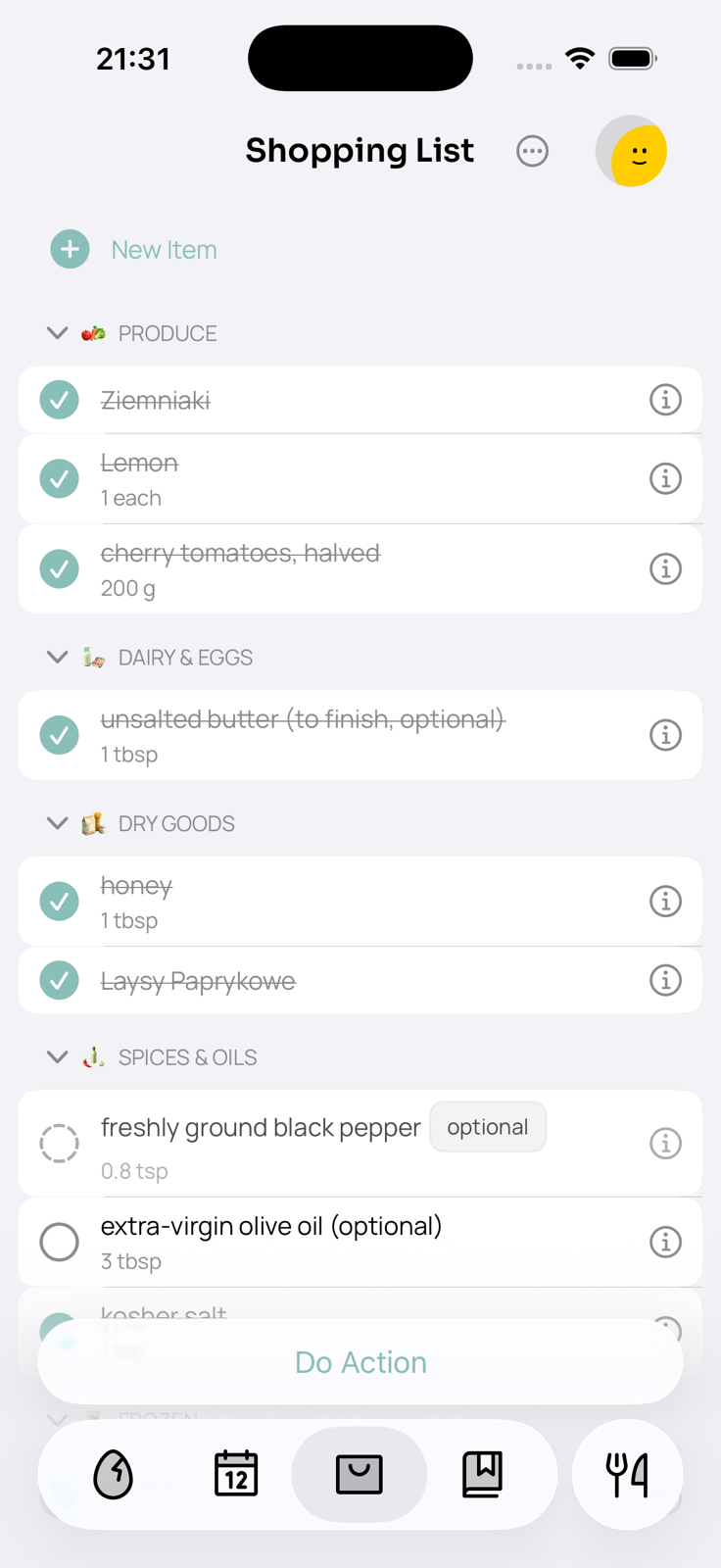 Eggo shopping list grouped by store section